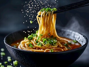 诱人拉面被筷子夹起