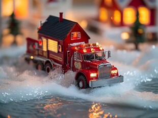 红色玩具消防车的冬日场景