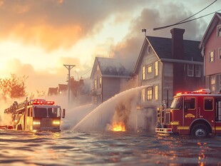 夕阳下消防员街道喷水灭火