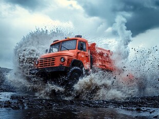 橙色越野卡车勇闯积水地