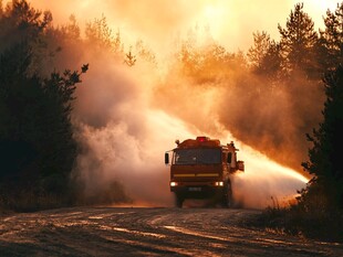 夕阳下的森林洒水车作业