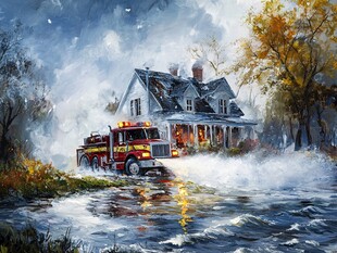 洪水旁的消防车与受损房屋