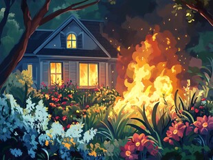 花园中起火的温馨小屋