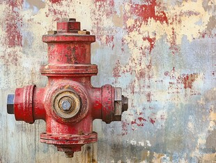 老旧红色消防栓墙面特写