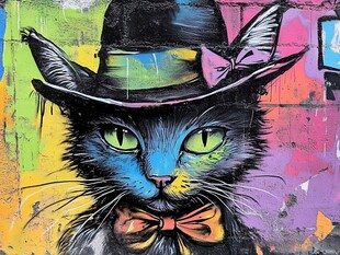 戴帽黑猫的多彩街头涂鸦