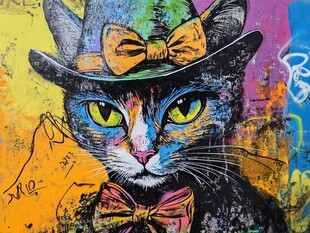 戴帽猫咪的多彩涂鸦艺术