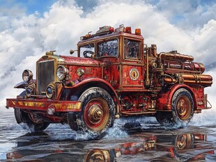 复古红色消防车于水面驰骋