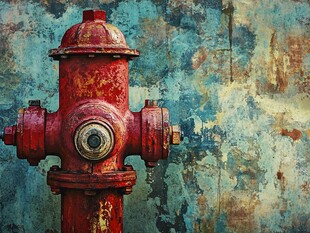 复古红消防栓与斑驳墙面