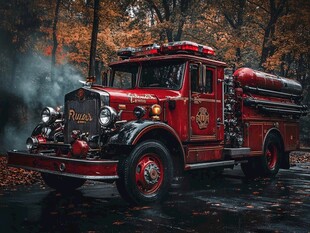 复古消防车穿梭于秋林间