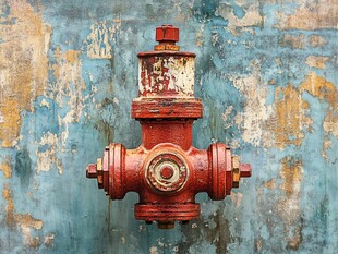 复古红消防栓与斑驳墙面