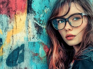 戴眼镜女孩与多彩涂鸦墙
