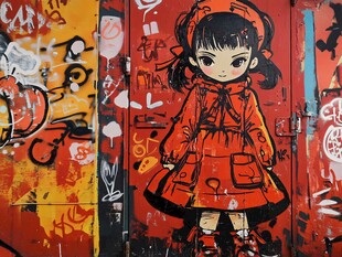 街头涂鸦中的红衣女孩