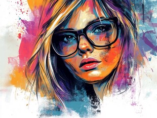 时尚彩墨风格戴眼镜女性