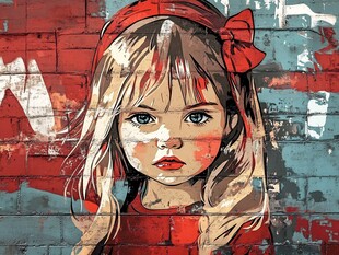 红发蝴蝶结女孩墙绘