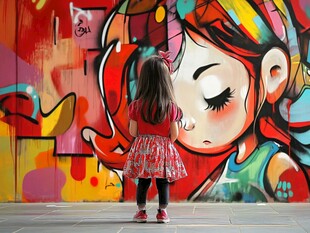 小女孩凝视多彩街头涂鸦