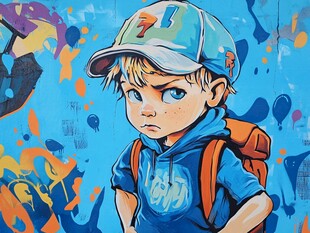 背着书包的酷帅涂鸦少年