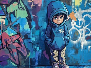 街头风少年背靠涂鸦墙