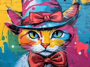 戴帽猫咪的多彩街头涂鸦