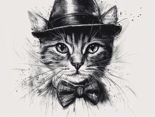 戴帽领结猫的精致素描