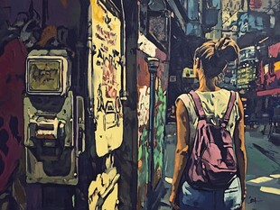 女孩漫步于都市涂鸦小巷