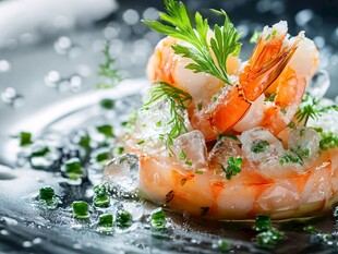冰镇鲜虾配香草精致摆盘