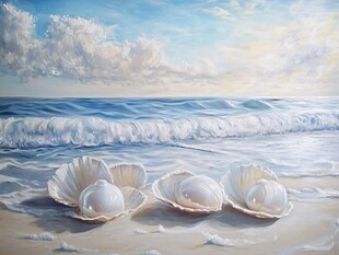 海滩上的贝壳与海浪美景