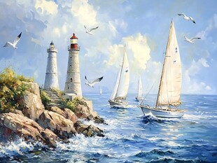 海岸灯塔旁的帆船与飞鸟