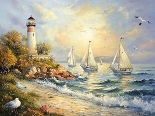 海岸灯塔下的帆船与飞鸟