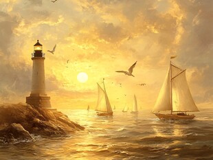 黄昏灯塔下的帆船海景