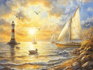 海上灯塔与帆船的黄昏美景