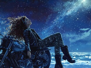 夜空中倚摩托的潇洒女子