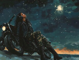 月夜下的摩托骑手沉思