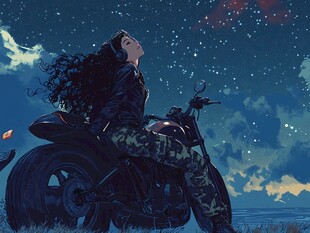 夜骑少女仰望璀璨星空