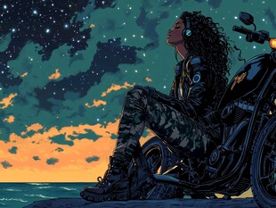 星空下的摩托女孩