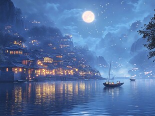 月夜江畔古村宁静美景