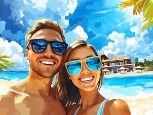 海滩情侣 阳光下的甜蜜瞬间