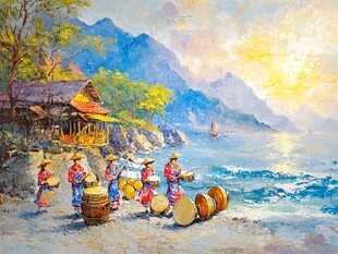 海边民族乐手演奏美景