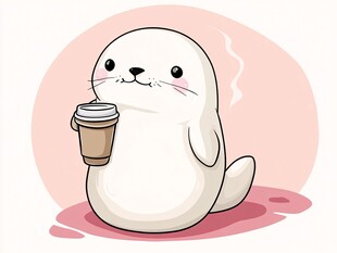 海豹惬意喝咖啡卡通插画