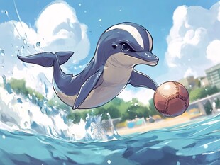 海豚欢快玩球于碧海蓝天