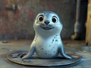 可爱小海豹坐在金属盘上