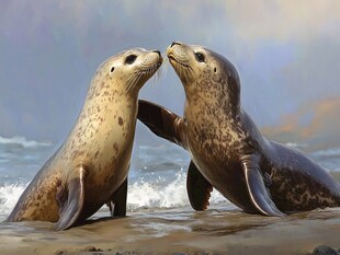 亲昵海狮于海岸互动瞬间