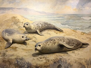 沙滩上休憩的三只海豹