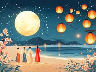 海边月夜佳人赏灯图