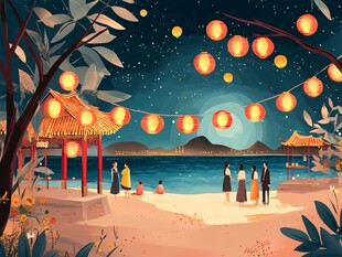 海边月夜灯笼下的欢聚