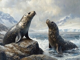 岩石上的双海豹眺望远方