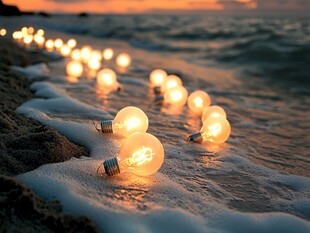 海边沙滩上点亮的浪漫灯泡