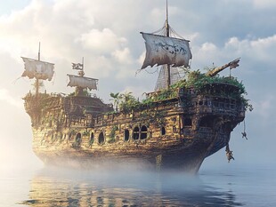 奇幻海上古船 迷雾中漂浮