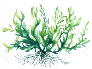 水彩绘绿色海藻插画
