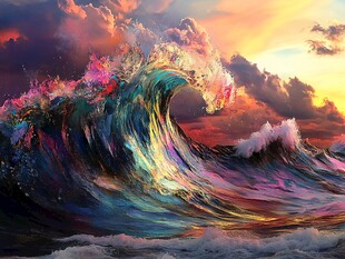 梦幻绚丽的海上彩色巨浪