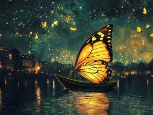梦幻蝴蝶乘舟于星夜湖畔